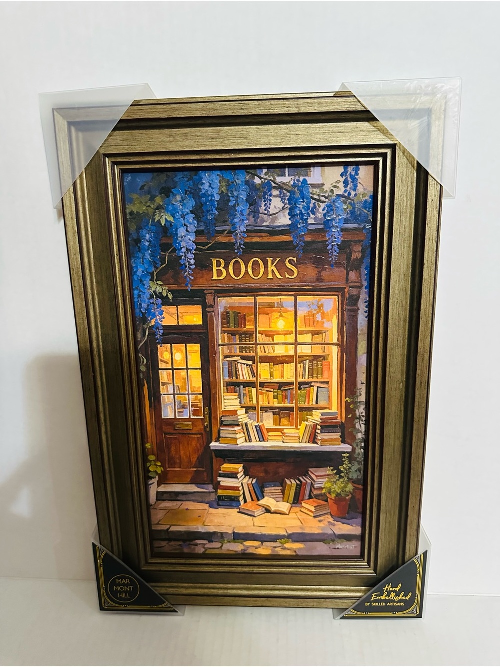 Framed Bookshop Art Print - Gold Frame with Blue Accents ( 18” x 11” )